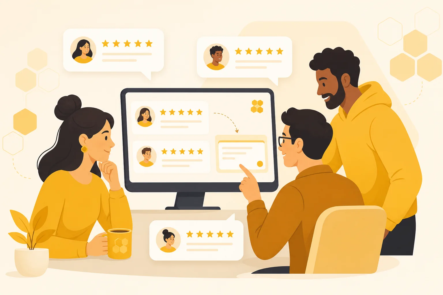 A team reviewing customer feedback together