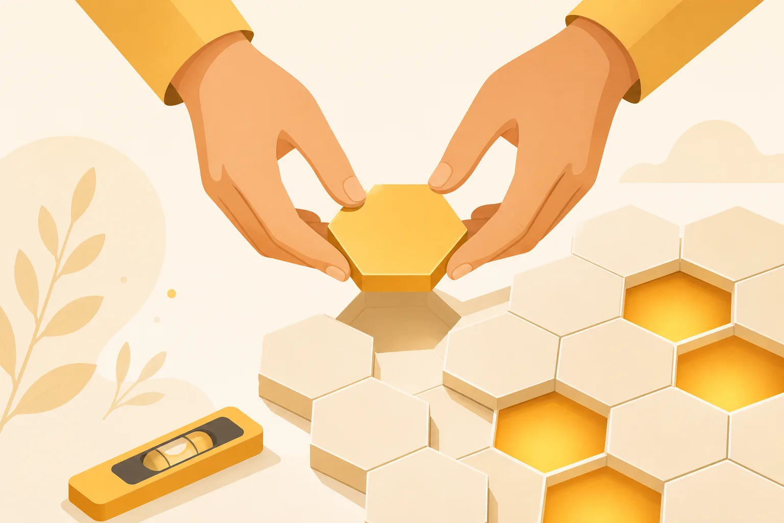 Hands placing a golden hexagon into a honeycomb